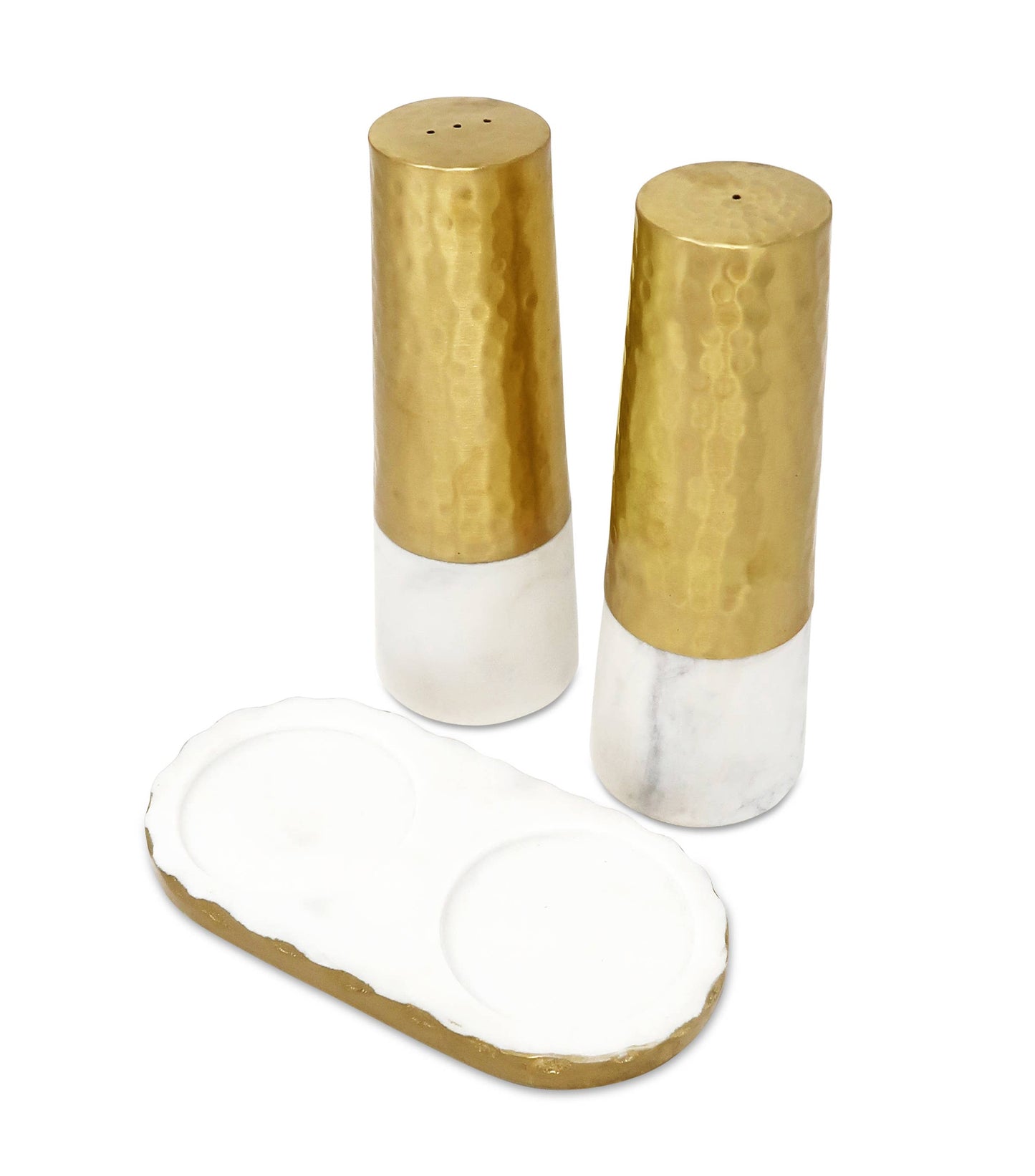 Marble and Gold Salt & Pepper Shaker  Set on Tray, 8"