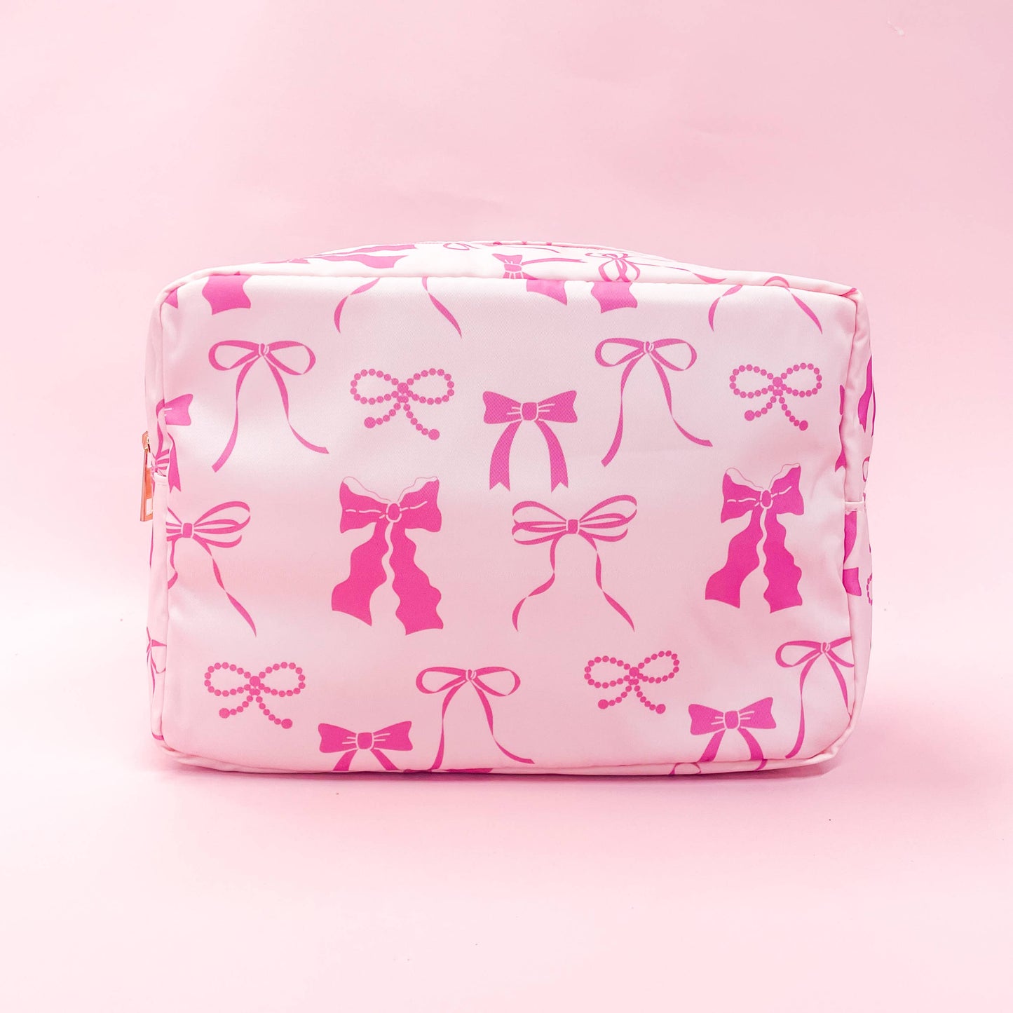 Pink Bows Nylon Cosmetic Zipper Bag: Medium