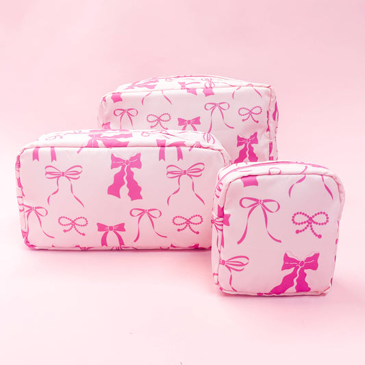 Pink Bows Nylon Cosmetic Zipper Bag: Medium