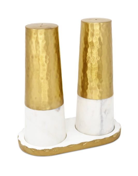 Marble and Gold Salt & Pepper Shaker  Set on Tray, 8"