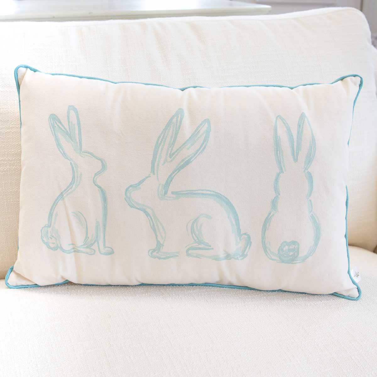 Lily Belle Bunny Lumbar Pillow   Soft White/Blue   13x20