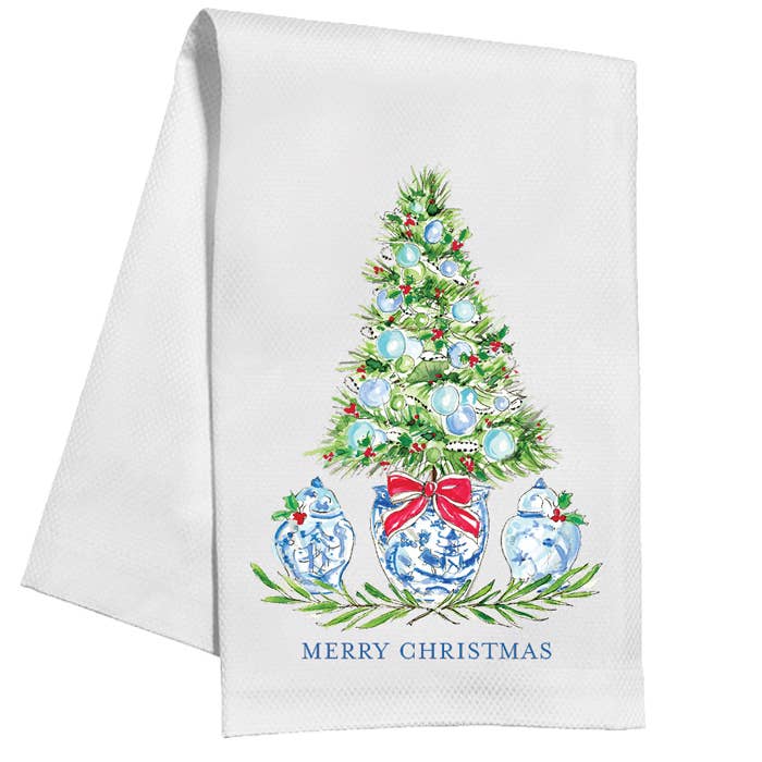 Blue Holiday Tree with Ginger Jars Kitchen Towel