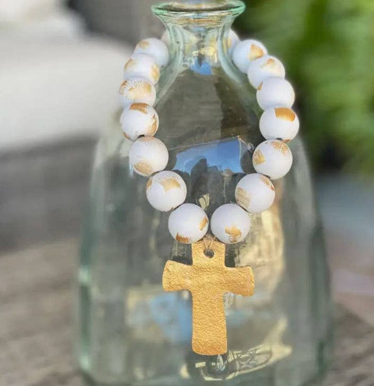 Hand Painted Sea Salt Gold Gilded Cross Blessing Beads
