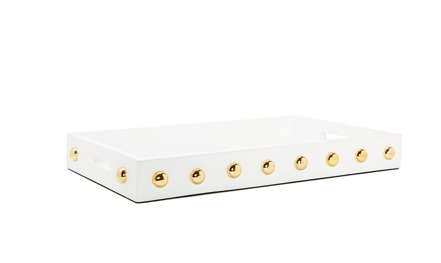 White Decorative Serving Tray With Shiny Gold Ball Design